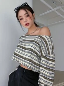 DAZY 条纹印花落肩短款 T 恤秋季上衣长袖上衣 - 彩色 - 查看 8