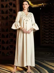 Al Najma Rhinestone Detail Flounce Sleeve Kaftan - Apricot - View 1