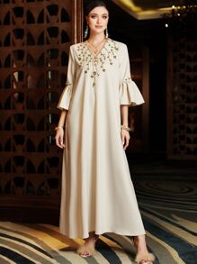 Al Najma Rhinestone Detail Flounce Sleeve Kaftan - Apricot - View 3