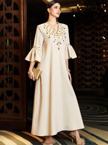 Al Najma Rhinestone Detail Flounce Sleeve Kaftan - Apricot - View 4