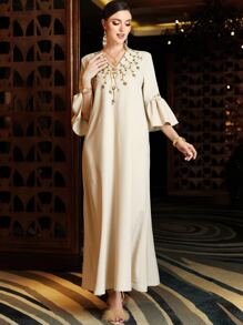 Al Najma Rhinestone Detail Flounce Sleeve Kaftan - Apricot - View 5