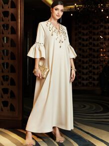 Al Najma Rhinestone Detail Flounce Sleeve Kaftan - Apricot - View 6