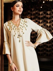 Al Najma Rhinestone Detail Flounce Sleeve Kaftan - Apricot - View 7