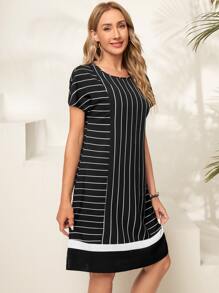 EMERY ROSE 條紋印花蝙蝠袖洋裝 - 藏蓝色 - 查看 4