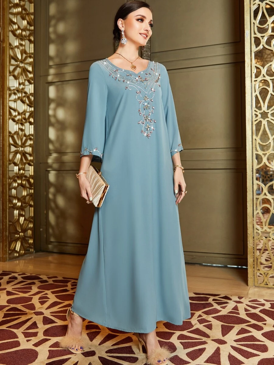 Al Najma Solid Rhinestone Detail Kaftan - Dusty Blue - View 1