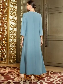 Al Najma Solid Rhinestone Detail Kaftan - Dusty Blue - View 2
