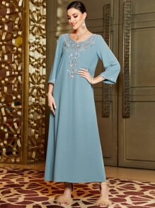 Al Najma Solid Rhinestone Detail Kaftan - Dusty Blue - View 4