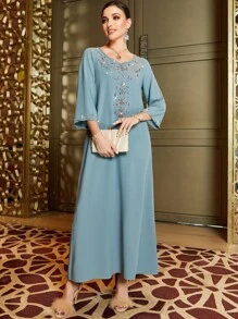 Al Najma Solid Rhinestone Detail Kaftan - Dusty Blue - View 6
