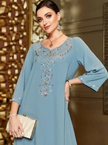 Al Najma Solid Rhinestone Detail Kaftan - Dusty Blue - View 7