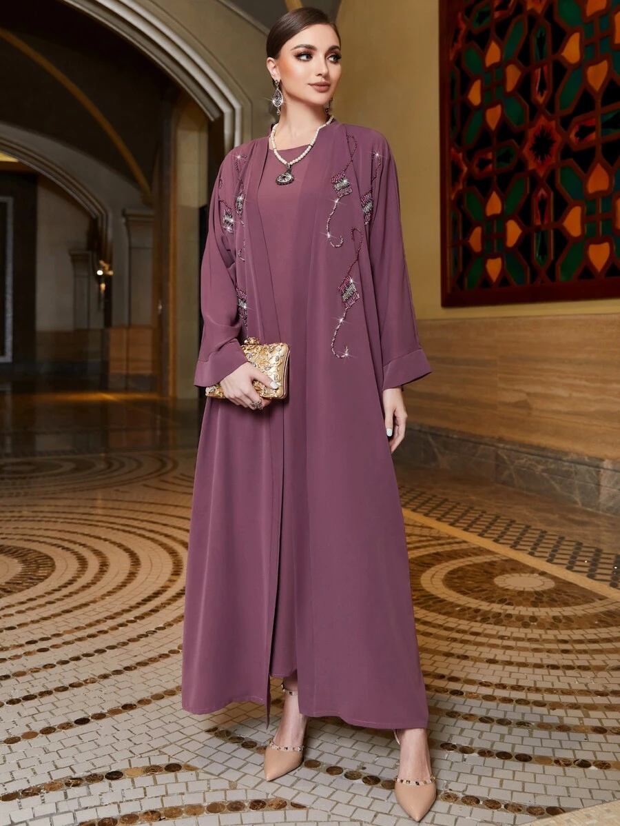 Al Najma Áo choàng Abaya & Tunic hở phía trước đính hạt, tay dài, váy Ả Rập giản dị - Màu tím hoa cà - Xem 1
