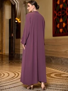 Al Najma Áo choàng Abaya & Tunic hở phía trước đính hạt, tay dài, váy Ả Rập giản dị - Màu tím hoa cà - Xem 2