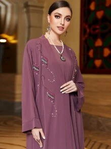 Al Najma Áo choàng Abaya & Tunic hở phía trước đính hạt, tay dài, váy Ả Rập giản dị - Màu tím hoa cà - Xem 3