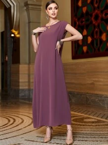 Al Najma Áo choàng Abaya & Tunic hở phía trước đính hạt, tay dài, váy Ả Rập giản dị - Màu tím hoa cà - Xem 4
