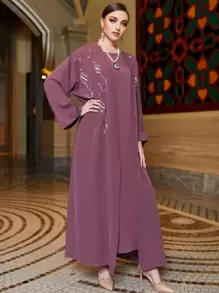 Al Najma Áo choàng Abaya & Tunic hở phía trước đính hạt, tay dài, váy Ả Rập giản dị - Màu tím hoa cà - Xem 7