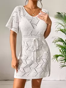 網眼針織腰帶罩衫連衣裙不附比基尼 - 白色 - 查看 1