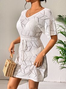 網眼針織腰帶罩衫連衣裙不附比基尼 - 白色 - 查看 3