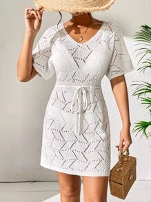 網眼針織腰帶罩衫連衣裙不附比基尼 - 白色 - 查看 5