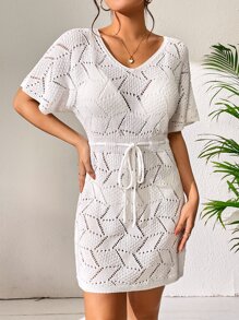 網眼針織腰帶罩衫連衣裙不附比基尼 - 白色 - 查看 6