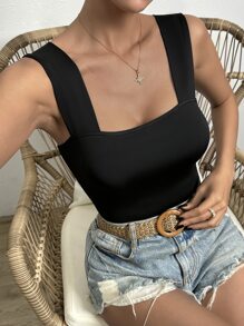 SHEIN Essnce 素色修身吊帶連體衣 - 黑色 - 查看 6