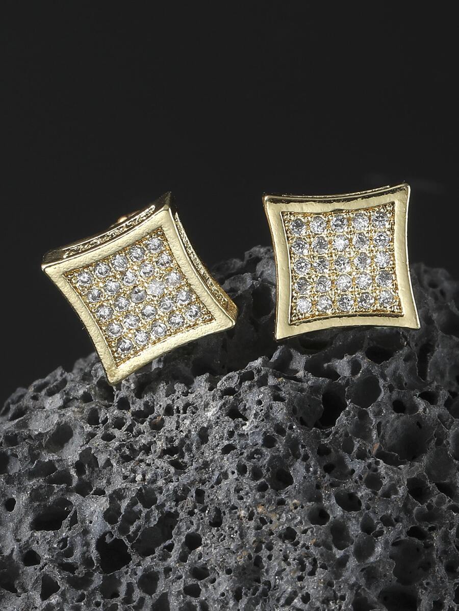 Fashionable and Popular Men Rhinestone Decor Stud Earrings Copper Punk Hip Pop Style for Jewelry Gift and for a Stylish Look - Yellow Gold - View 1