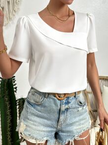 SHEIN Privé Spring Break Solid Asymmetrical Neck Puff Sleeve White Blouse - White - View 3