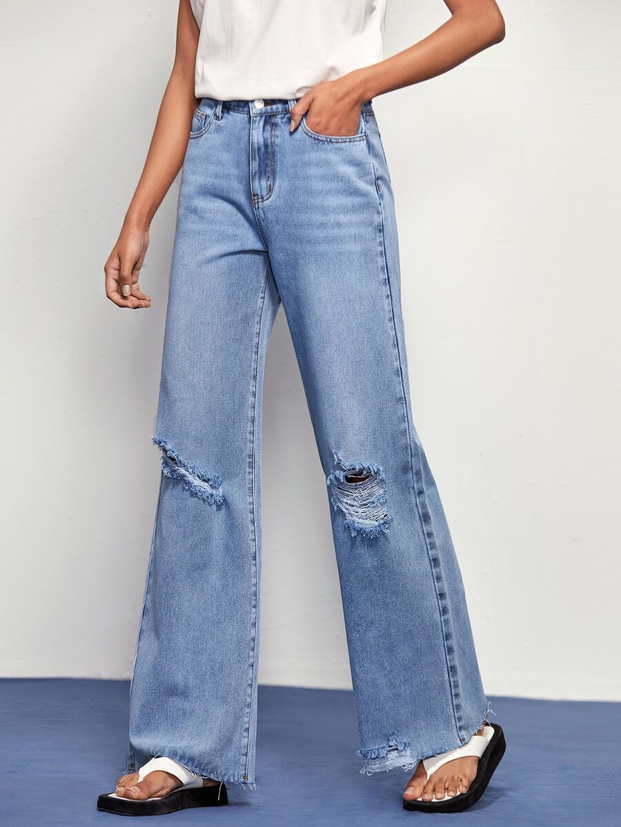BizChic Ripped Raw Hem Wide Leg Jeans - Light Wash - View 1