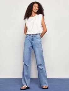 BizChic Ripped Raw Hem Wide Leg Jeans - Light Wash - View 3
