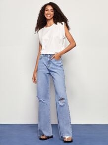 BizChic Ripped Raw Hem Wide Leg Jeans - Light Wash - View 5
