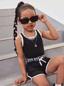 SHEIN Bộ đồ hai mảnh cổ tròn thông thường cho cô gái trẻ thể thao màu đen cho mùa hè - màu đen - Xem 1