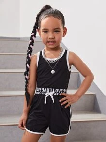 SHEIN Bộ đồ hai mảnh cổ tròn thông thường cho cô gái trẻ thể thao màu đen cho mùa hè - màu đen - Xem 3