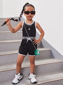 SHEIN Bộ đồ hai mảnh cổ tròn thông thường cho cô gái trẻ thể thao màu đen cho mùa hè - màu đen - Xem 4