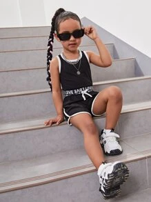 SHEIN Bộ đồ hai mảnh cổ tròn thông thường cho cô gái trẻ thể thao màu đen cho mùa hè - màu đen - Xem 5