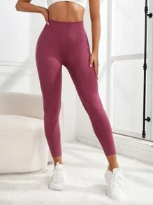 Yoga Basic 寬腰帶運動打底褲 - 中紫紅色 - 查看 5