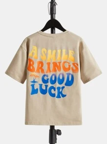 SHEIN Boys Slogan Graphic Drop Shoulder Tee - Khaki - View 1