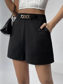 SHEIN Privé 鏈條細節斜口袋短褲 - 黑色 - 查看 6