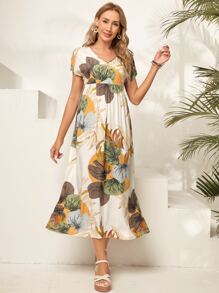EMERY ROSE Rochie cu decolteu în V cu imprimeu tropical