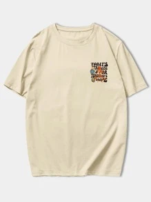 ROMWE MEN Street Life Camiseta gráfica con esqueleto y lema para hombres, para Halloween, escuela - Caqui - Ver 2