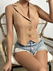 SHEIN Privé 西裝領前紐扣馬甲 - 棕色 - 查看 5