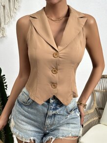 SHEIN Privé 西裝領前紐扣馬甲 - 棕色 - 查看 6