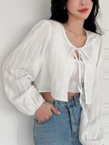 DAZY 綁帶前掀風袖短上衣 - 白色 - 查看 6