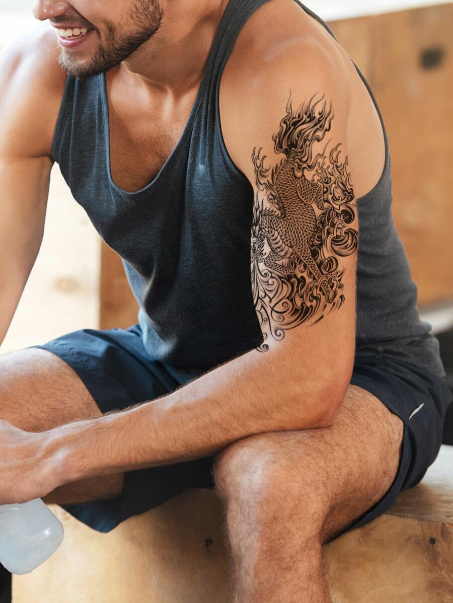 1 hoja Pegatina tatuaje con estampado de dragón chino - Negro - Ver 1