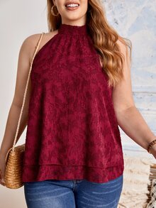 SHEIN LUNE Plus Solid Jacquard Halter Top - Burgundy - View 4