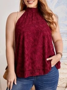 SHEIN LUNE Plus Solid Jacquard Halter Top - Burgundy - View 5