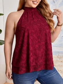 SHEIN LUNE Plus Solid Jacquard Halter Top - Burgundy - View 1
