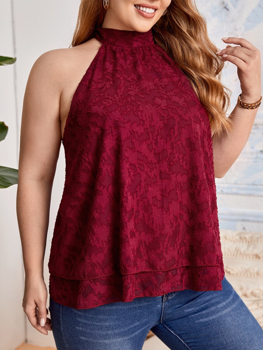 SHEIN LUNE Plus Solid Jacquard Halter Top - Burgundy - View 1