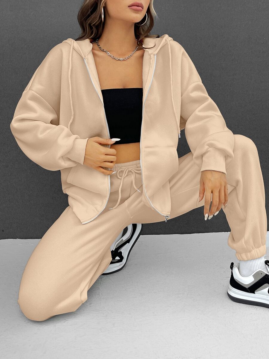 SHEIN EZwear Drawstring Drop Shoulder Zipper Up Hooded Sweatshirt & Joggers - Apricot - View 1