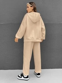 SHEIN EZwear Drawstring Drop Shoulder Zipper Up Hooded Sweatshirt & Joggers - Apricot - View 2