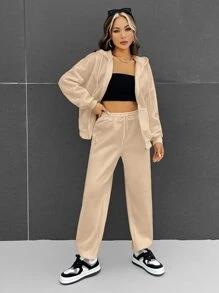 SHEIN EZwear Drawstring Drop Shoulder Zipper Up Hooded Sweatshirt & Joggers - Apricot - View 3