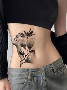 1 hoja Pegatina tatuaje floral & con estampado de figura - Negro - Ver 2