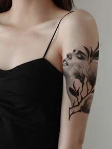 1 hoja Pegatina tatuaje floral & con estampado de figura - Negro - Ver 3